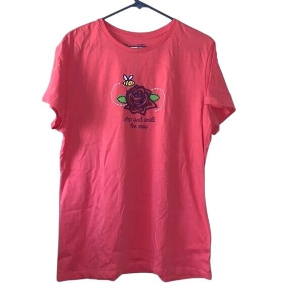 Positivitees Red Graphic Tee Shirt XL 100% Cotton "Stop And Smell The Roses" Pri - Picture 1 of 8